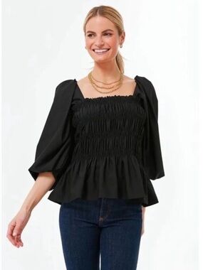 Tuckernuck Pomander Place Annabelle Top L Black Smocked Peplum Puff Sleeve NWT